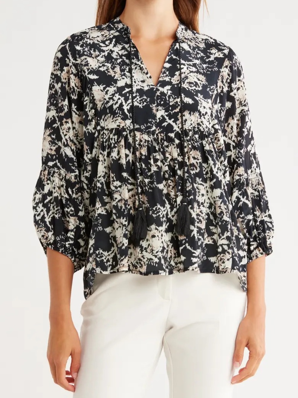 Jason Wu Black & Cream Printed V-Neck Peasant Blouse